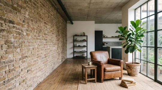 Salon de un piso de 65 metros cuadrados con estetica industrial autentica, ladrillo visto y luz natural