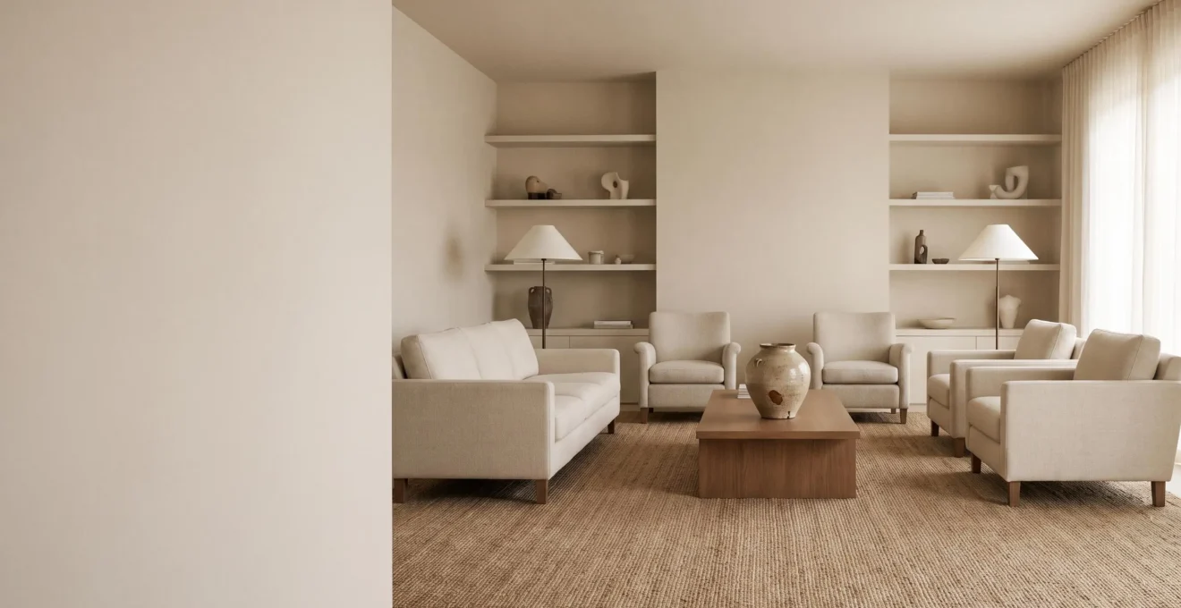 Salón minimalista perfectamente ordenado pero frío, con un único objeto imperfecto que rompe la simetría