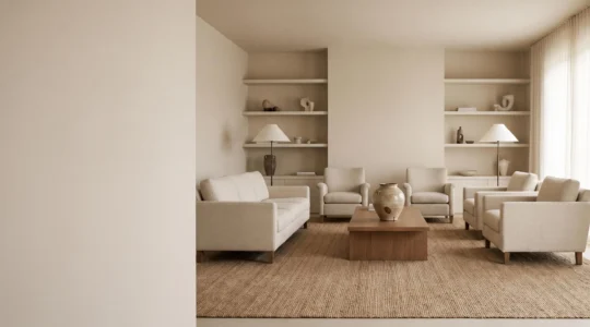 Salón minimalista perfectamente ordenado pero frío, con un único objeto imperfecto que rompe la simetría