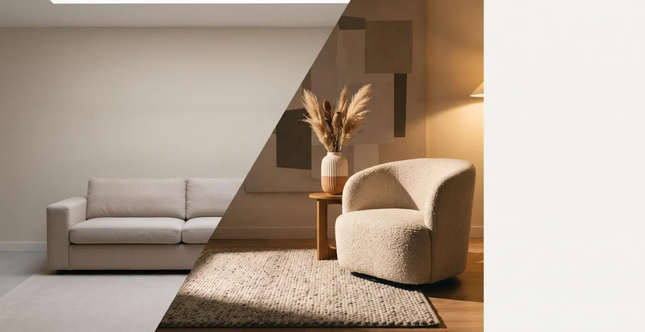 Salón moderno dividido visualmente entre un lado plano y frío y un lado cálido con profundidad de texturas y sombras