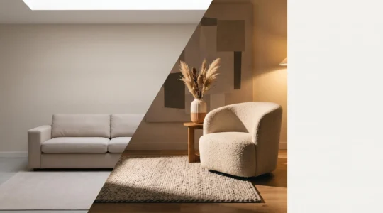 Salón moderno dividido visualmente entre un lado plano y frío y un lado cálido con profundidad de texturas y sombras
