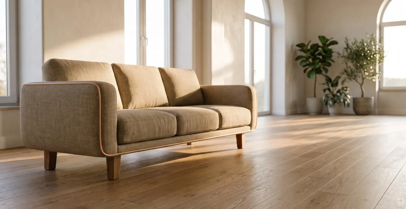 Sofa de tela texturizada en un salon luminoso y minimalista, simbolo de durabilidad y estilo atemporal