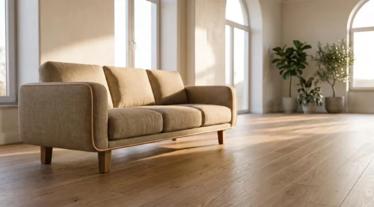 Sofa de tela texturizada en un salon luminoso y minimalista, simbolo de durabilidad y estilo atemporal