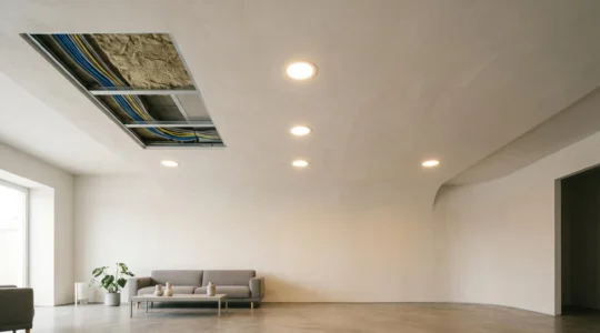 Techo de escayola con focos empotrados instalados conservando el aislamiento termico de la vivienda