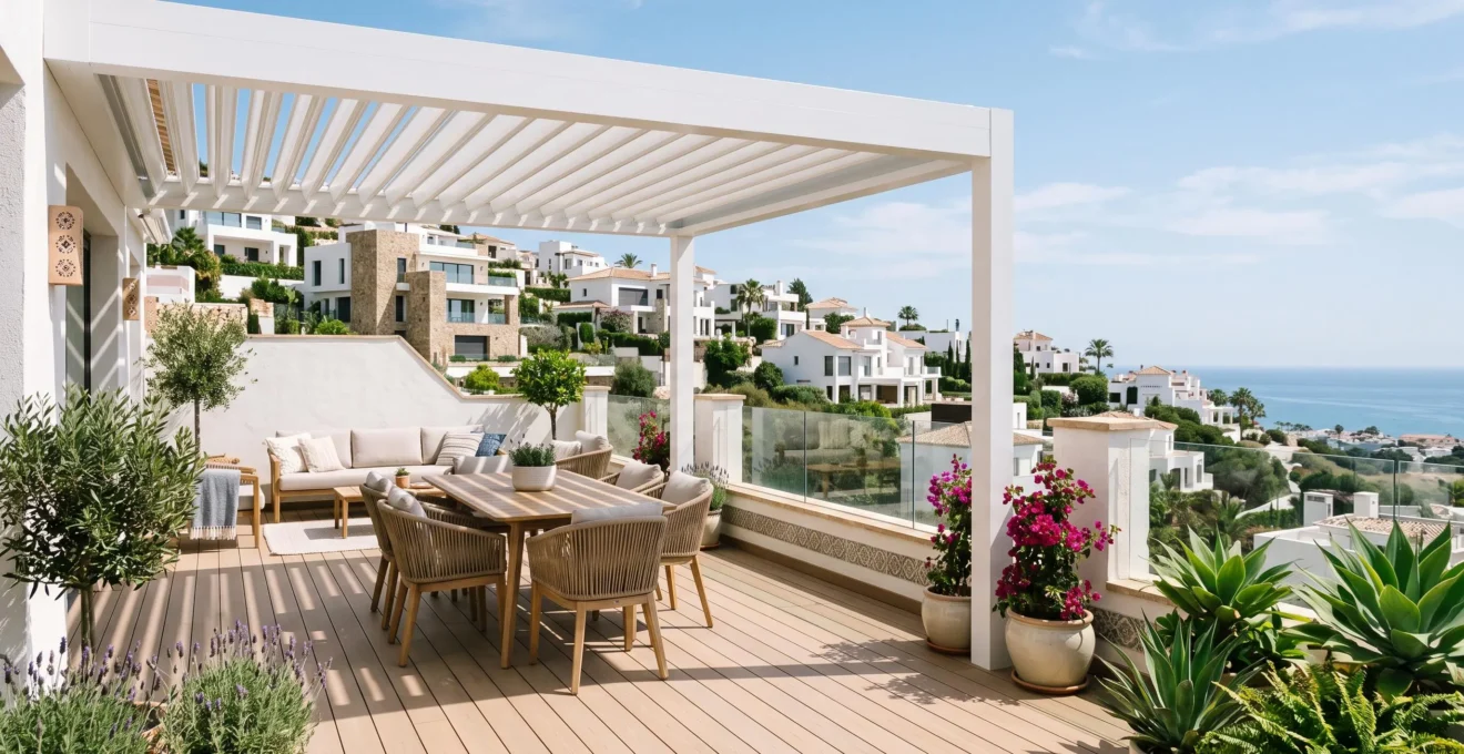 Amplia terraza mediterránea con pérgola de aluminio de lamas orientables, suelo de madera composite y vegetación al fondo bajo luz natural diurna