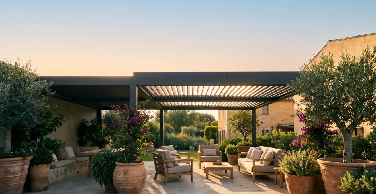 Terraza con pérgola bioclimática de lamas orientables que permite disfrutar del espacio exterior durante todo el año