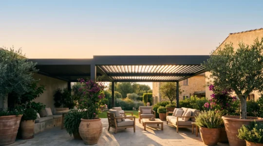 Terraza con pérgola bioclimática de lamas orientables que permite disfrutar del espacio exterior durante todo el año
