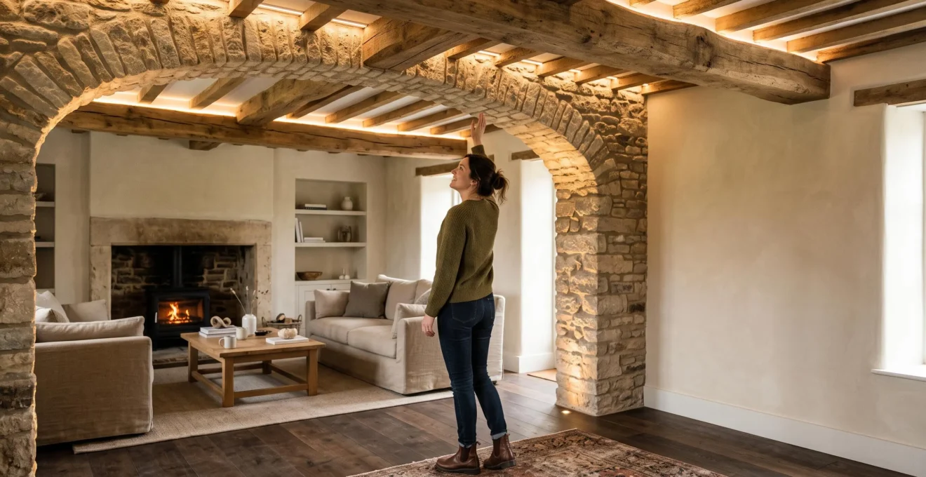 Salón acogedor con vigas de madera vistas y un arco de piedra iluminados como elementos protagonistas de la decoración