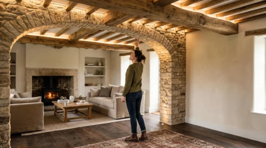 Salón acogedor con vigas de madera vistas y un arco de piedra iluminados como elementos protagonistas de la decoración